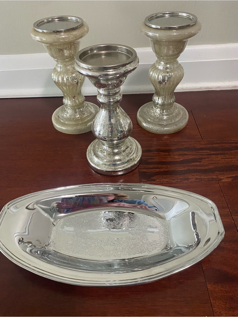 Vintage Mercury Glass Cream & Silver-Tone Candle Holders with Serving Tray Set